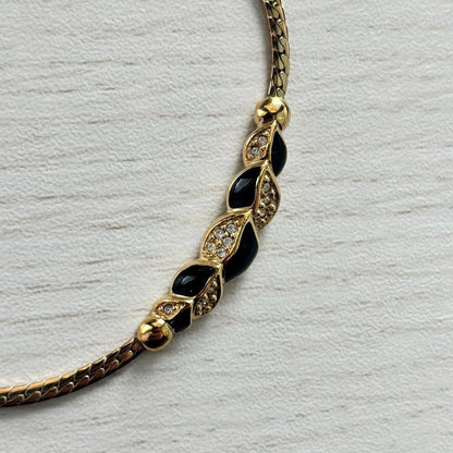 Christian Dior Rhinestone Gold Black Necklace Length 16.5" Used Japan Vintage