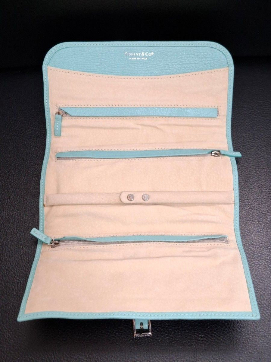 Tiffany & Co Tri Fold Wallet Multi Pouch Jewelry Case Organizer Black Leather