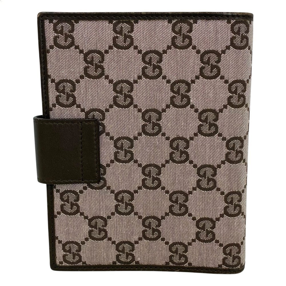 GUCCI GG Canvas Agenda Notebook Cover Planner Binder Brown Leather Silver HW