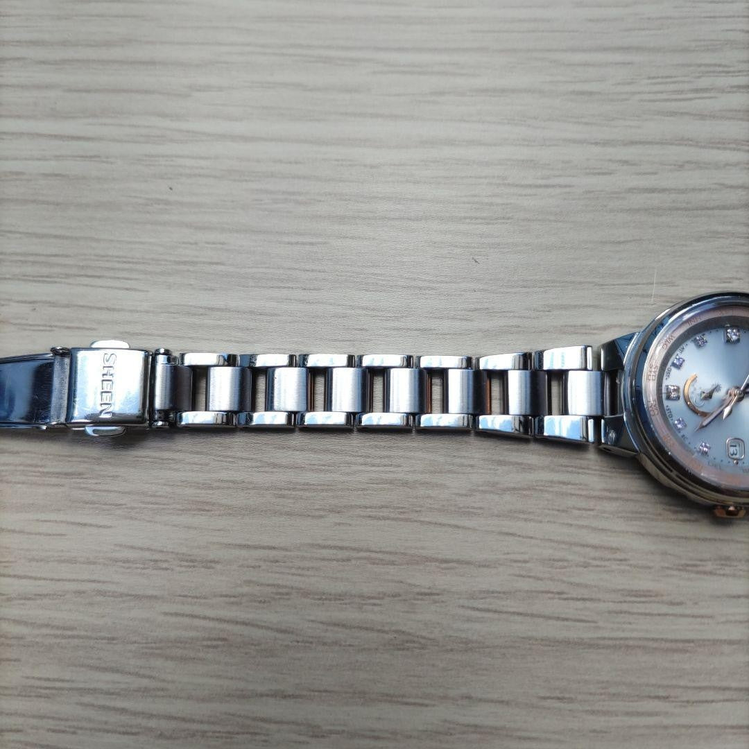 CASIO SHEEN SHW-1507 Multi Band 6 Solar Womens Watch Silver Pink Gold Stones