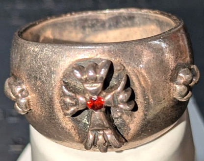A&G Rare Silver Ring Red Ruby Stone Floral Eagle Motif Wide Band Vintage US9