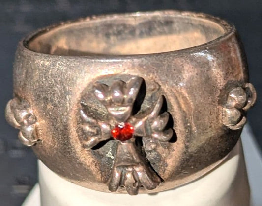 A&G Rare Silver Ring Red Ruby Stone Floral Eagle Motif Wide Band Vintage US9