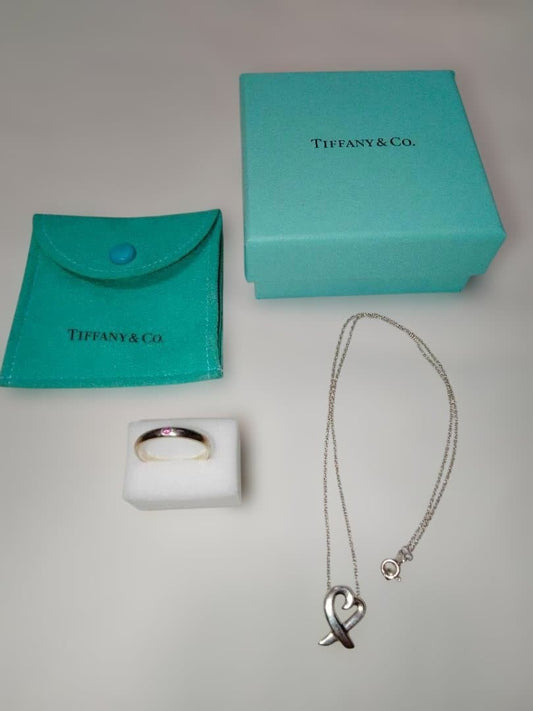 Tiffany & Co Silver Pink Sapphire Stacking Ring Loving Heart Necklace Set Of 2