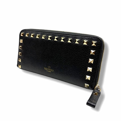 Valentino Garavani Auth Rockstud Long Zip Around Wallet Black 19x10 cm 7.5x3.9"