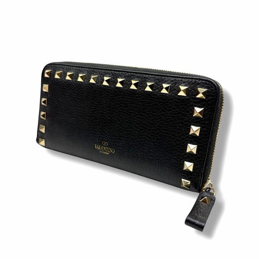 Valentino Garavani Auth Rockstud Long Zip Around Wallet Black 19x10 cm 7.5x3.9"