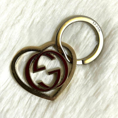 Gucci Auth Interlocking GG Heart Key Ring Bag Charm Gold Red Logo Vtg Used