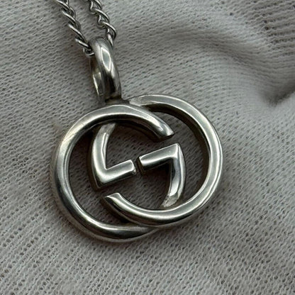 Gucci Authentic Interlocking Double G 925 Pendant Necklace Silver 15x20mm 50 cm