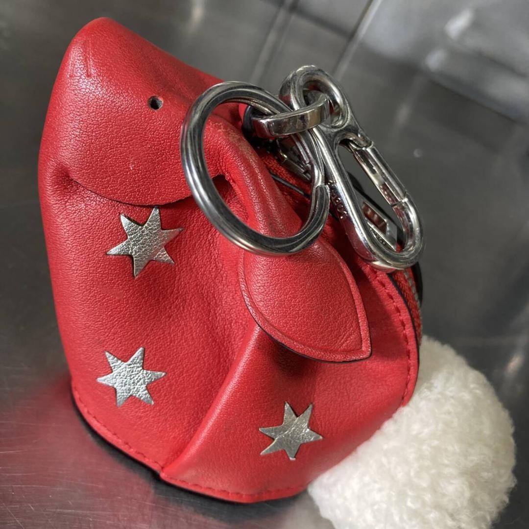 LOEWE Red Leather Rabbit Bunny Star Charm Key Ring Holder Coin Case Authentic