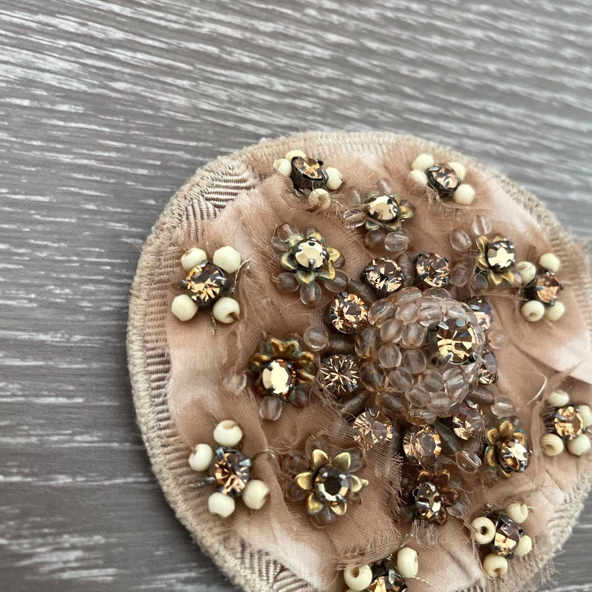 PRADA Beaded Embroidery Brooch Pin Beige Floral Crystal Fabric Italy Vintage