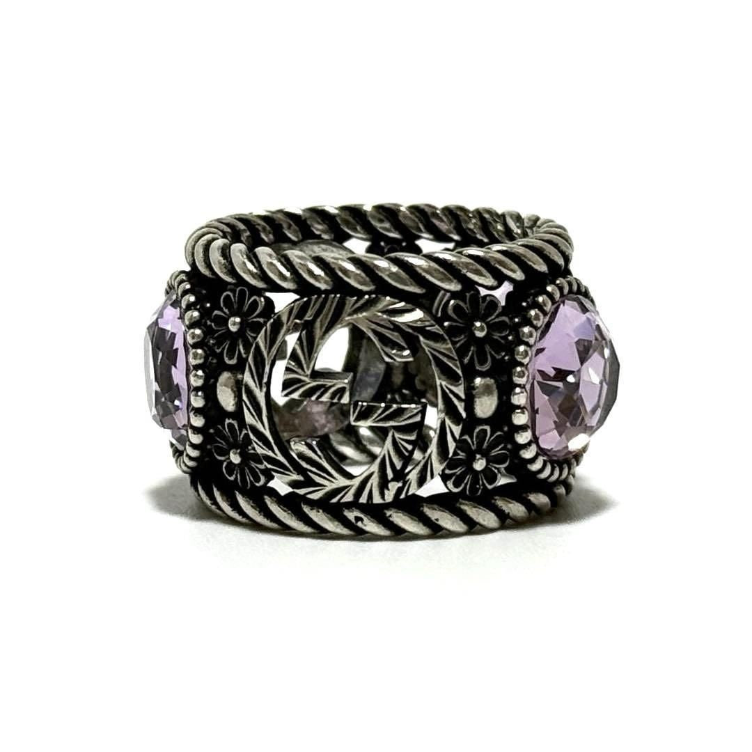GUCCI Silver 925 Interlocking G Flower Light Purple Crystal Stone Ring US 6.25