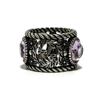 GUCCI Silver 925 Interlocking G Flower Light Purple Crystal Stone Ring US 6.25