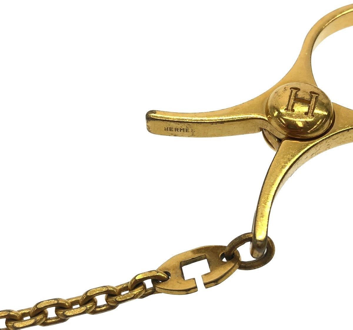 HERMES Filou Glove Holder Chain Necklace Gold Tone Metal Vintage Authentic Used