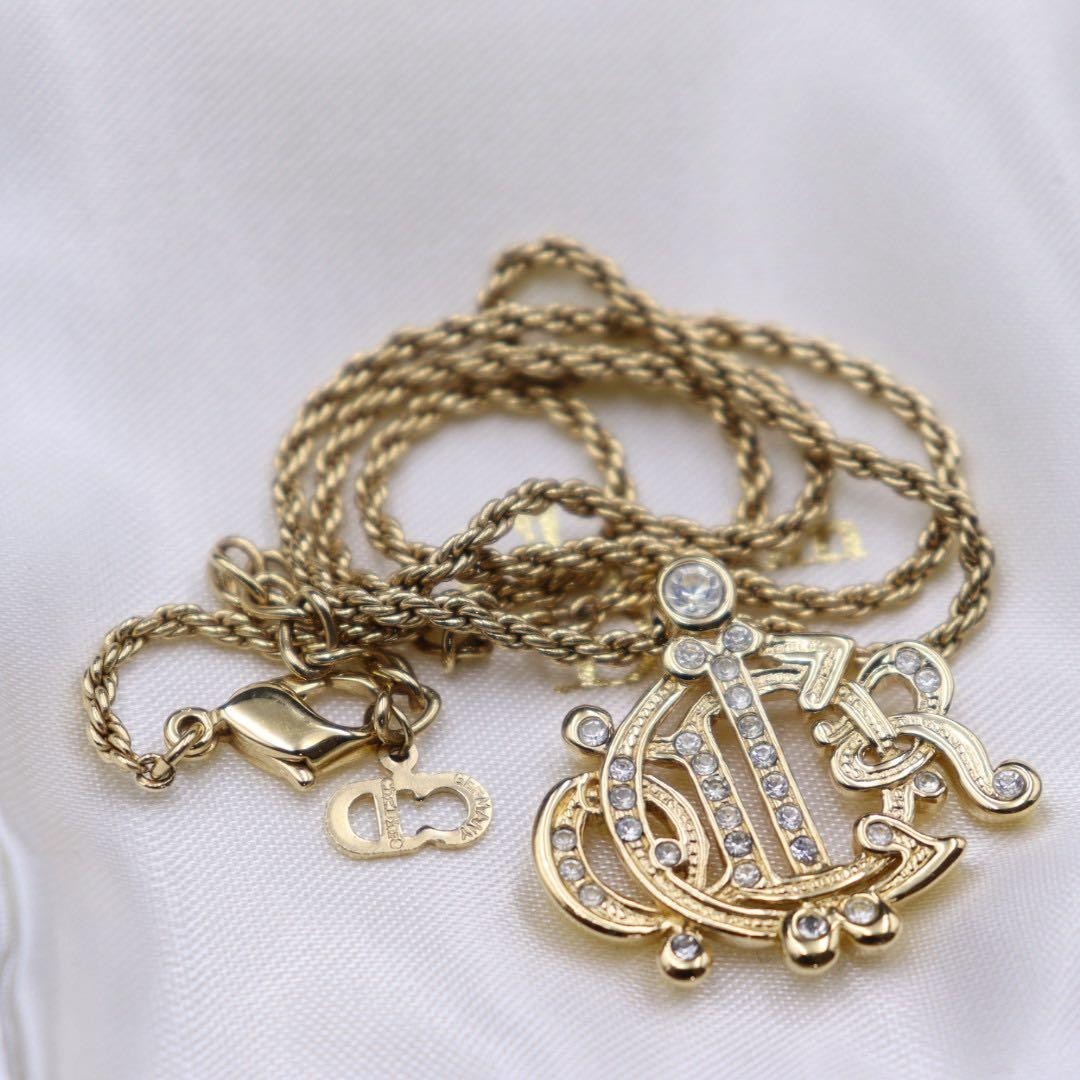 Vintage Christian Dior Old Logo Rhinestone Emblem Gold Tone Chain Necklace