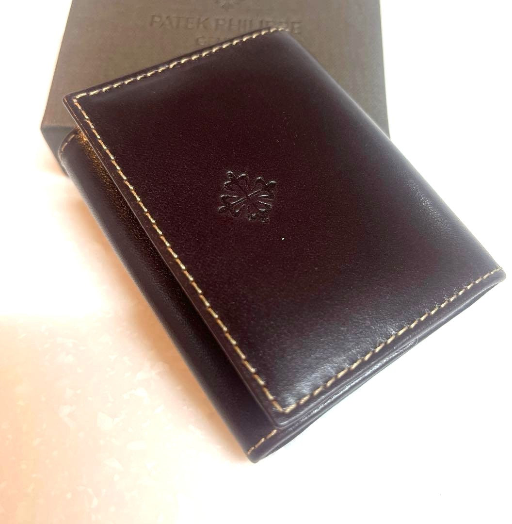 PATEK PHILIPPE Dark Brown Leather Coin Case Purse Novelty Small Wallet 8.5cm