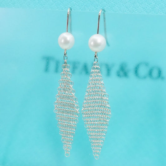 Tiffany Co Pearl Mesh Hook Earrings Sterling Silver Designer Womens Jewelry Auth