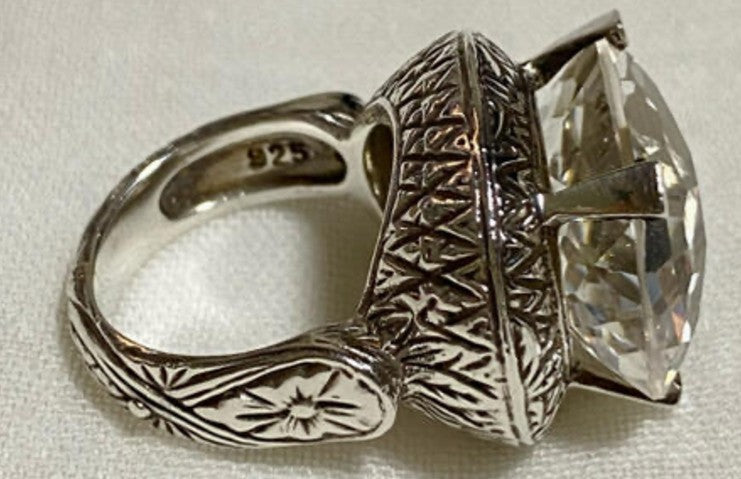 Stephen Dweck Sterling Silver 925 Ring Clear Natural Stone Filigree Size US5.5-6