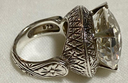 Stephen Dweck Sterling Silver 925 Ring Clear Natural Stone Filigree Size US5.5-6