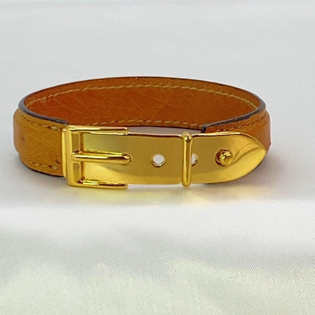 GUCCI Belt Motif Brown Leather Gold Hardware Bangle Bracelet L 16.5cm 6.5 in