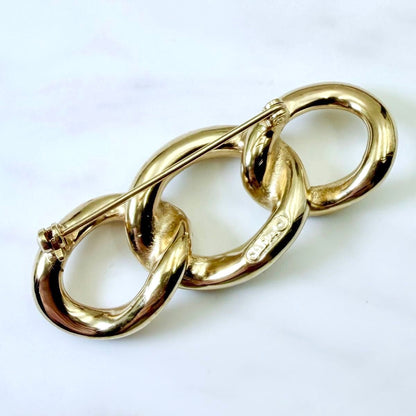 Christian Dior Vintage Brooch Gold Tone Chain Link Rhinestone Pin Signed Jewelry