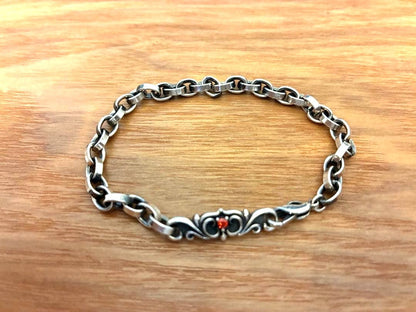 DEAL DESIGN 925 Sterling Silver Chain Bracelet Red Stone Scrollwork Used Japan