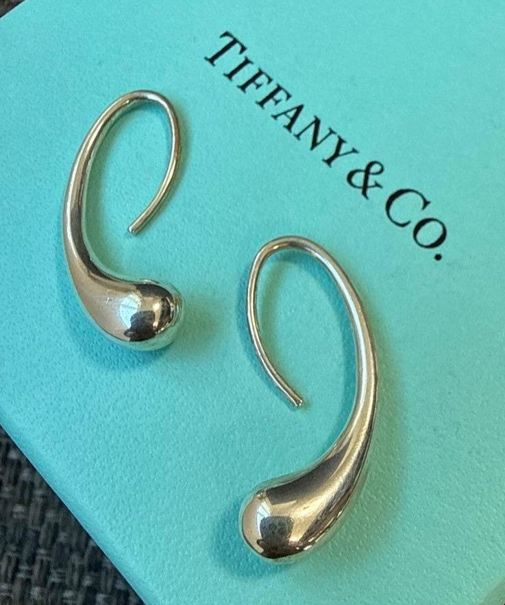 Tiffany & Co Silver 925 Tear Drop Teardrop Hoop Earrings Elsa Peretti Excellent