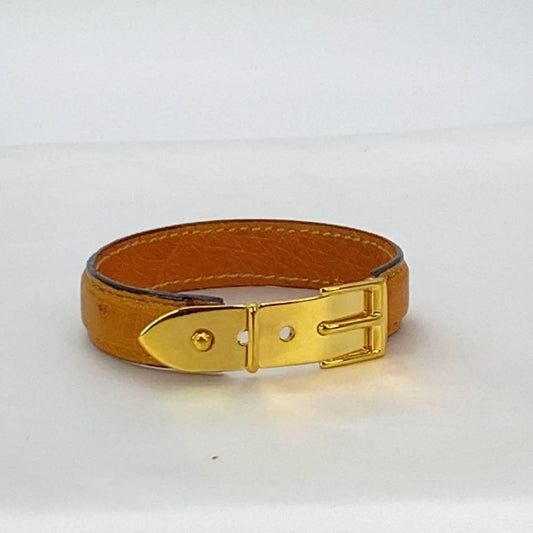 GUCCI Belt Motif Brown Leather Gold Hardware Bangle Bracelet L 16.5cm 6.5 in