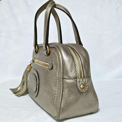 Auth LOEWE Madrid Anagram Tassel Leather Mini Boston Bag Champagne Gold Vintage
