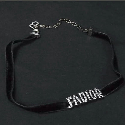 DIOR J'ADIOR Rhinestone Choker Necklace Black Velvet Crystal Logo Adjustable