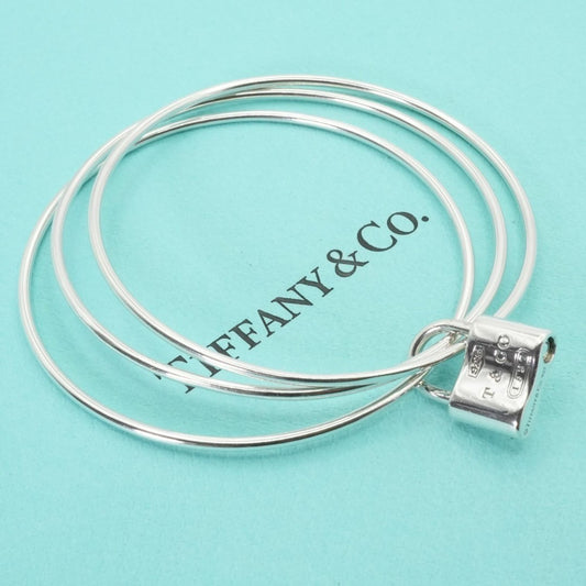 Excellent Tiffany & Co Silver 925 1837 Cadena Lock Triple Hoop Bangle 19cm 7.5in