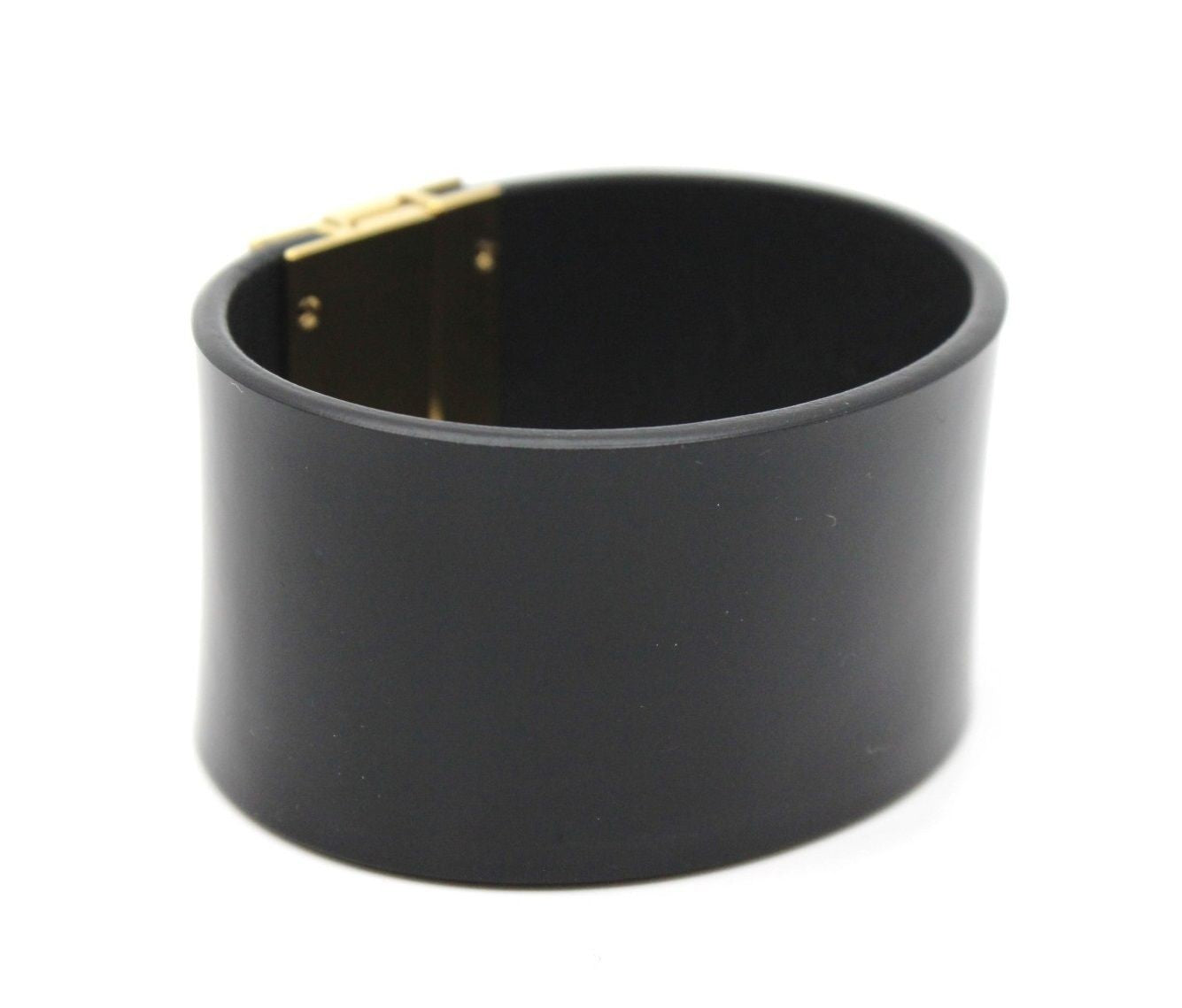 Saint Laurent Enamel Gold Tone Magnetic Closure Leather Bracelet Black Used