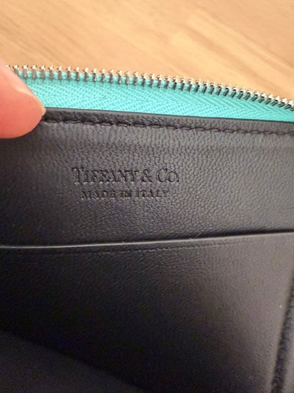 Tiffany & Co Blue Leather Zip Card Case Coin Wallet Used