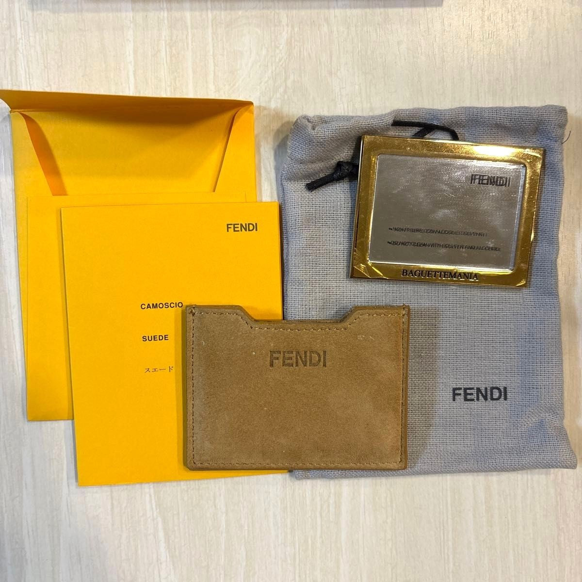 FENDI Baguettemania Compact Mirror Gold Tone Suede Case Pouch Italy Unused