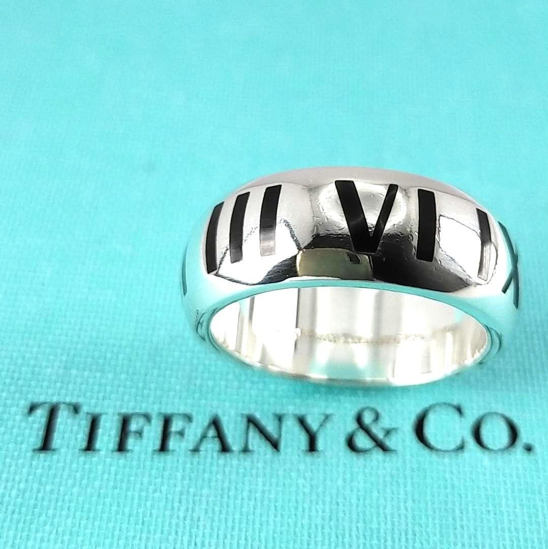 Tiffany & Co Silver 925 Wide Atlas Black Enamel Roman Numerals Ring Size US 7
