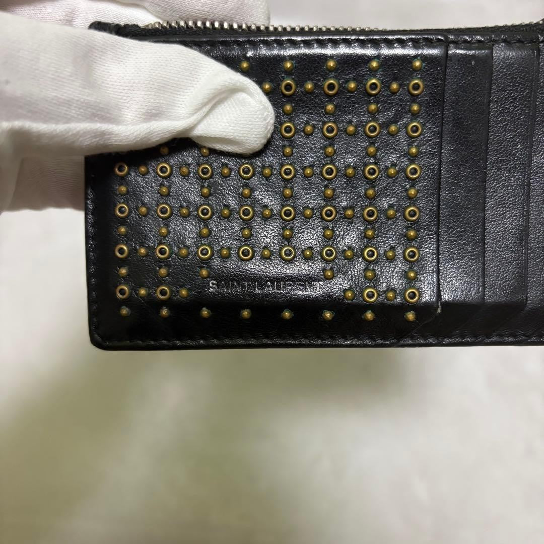 SAINT LAURENT Black Leather Studs Logo Fragment Case Card Case Coin Case