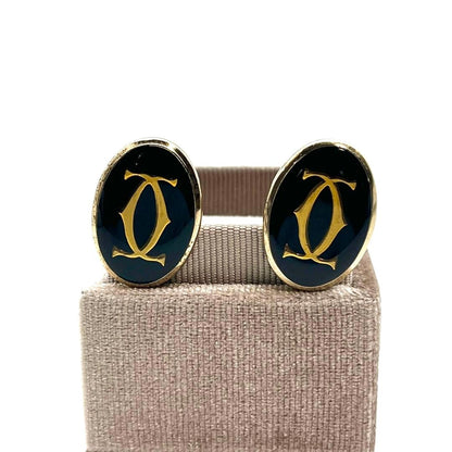 Cartier Cufflinks Double C Logo 2C Gold Tone Oval Black Enamel Men Accessory VTG