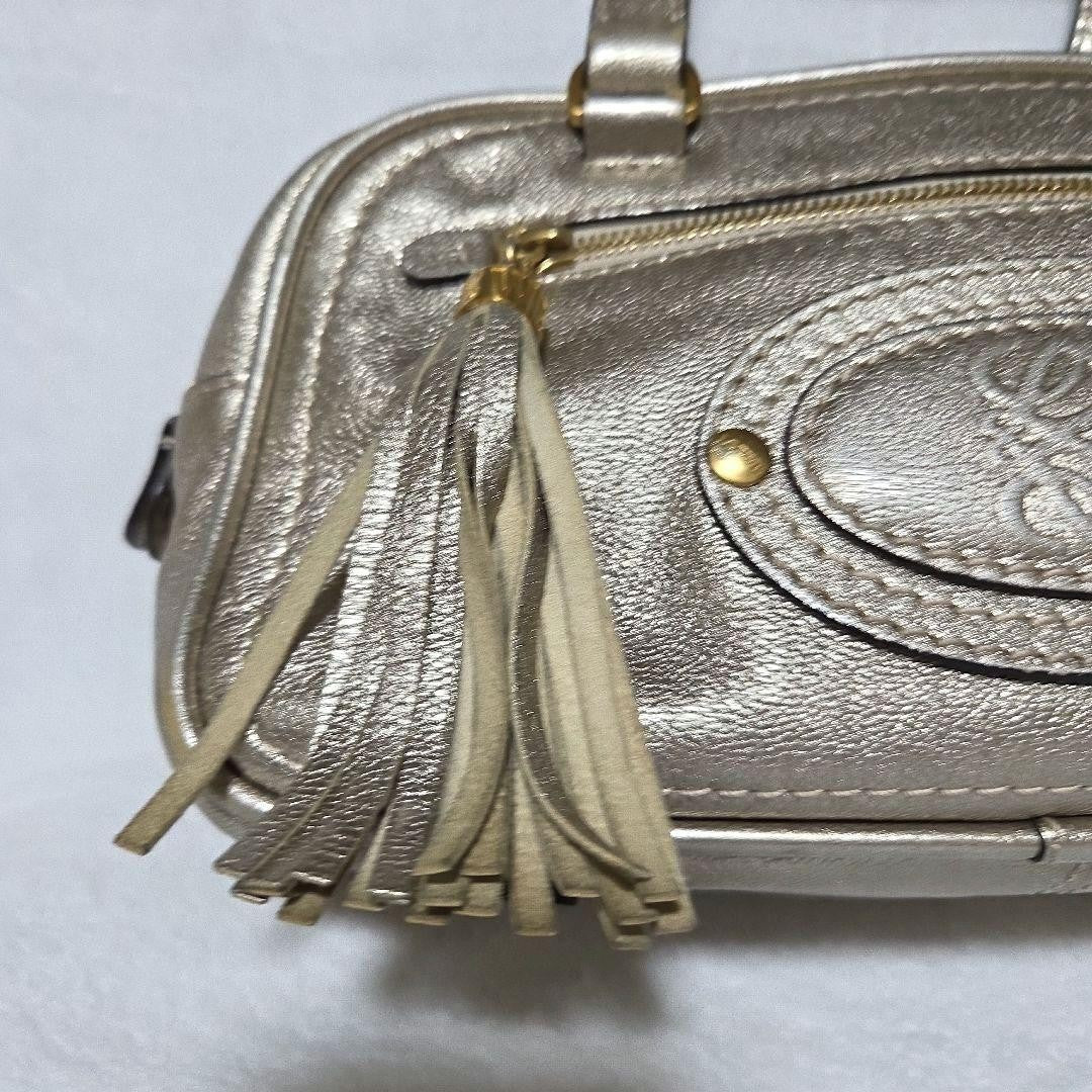 Auth LOEWE Madrid Anagram Tassel Leather Mini Boston Bag Champagne Gold Vintage