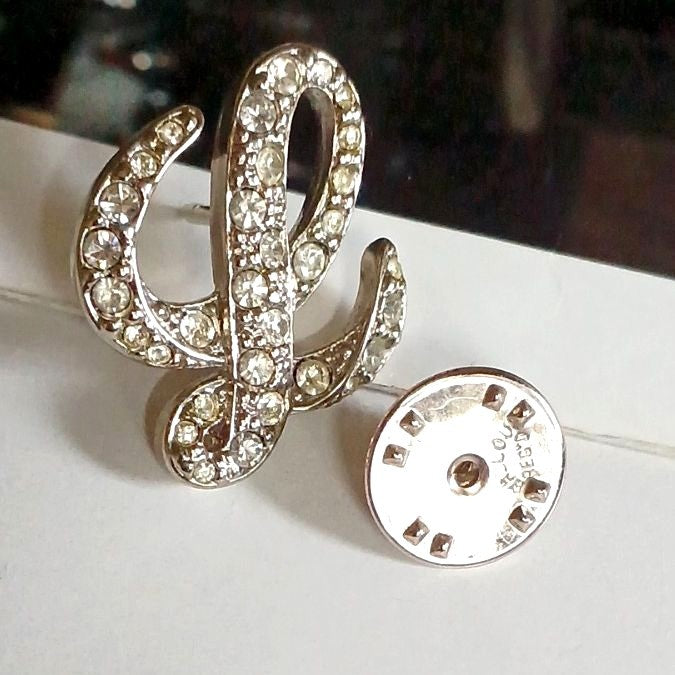 LOEWE Crystal Logo Brooch Pin Silver Tone Rhinestone L Letter Vintage Spain