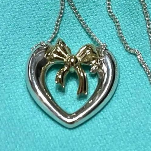 Tiffany&Co. Authentic Open Heart Ribbon Necklace 925 Silver 18K Gold 43 cm 16.9"