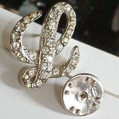 LOEWE Crystal Logo Brooch Pin Silver Tone Rhinestone L Letter Vintage Spain