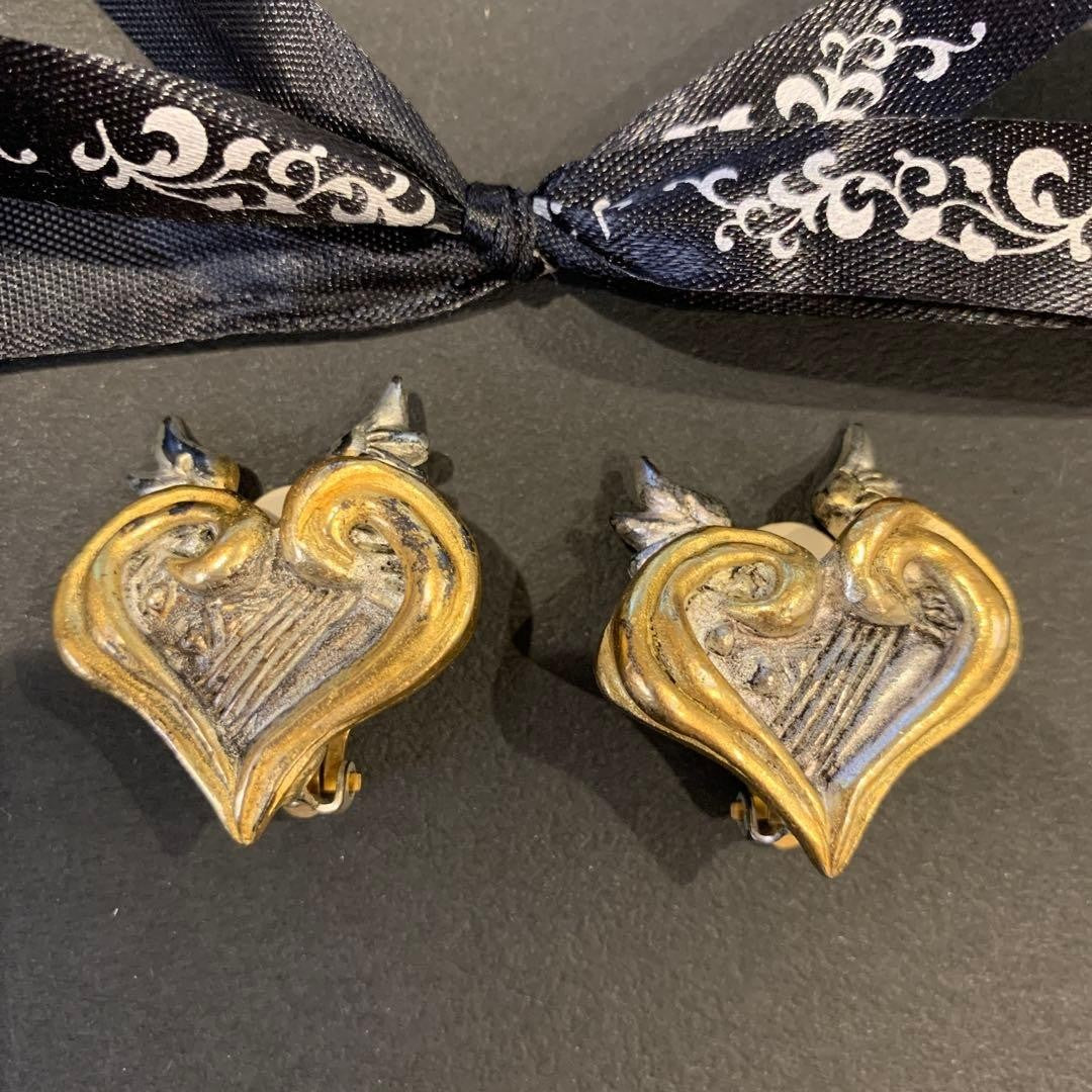 Christian Lacroix Vtg Angel Heart Clip Earrings Silver Gold Combo 2.7x3.2cm Auth