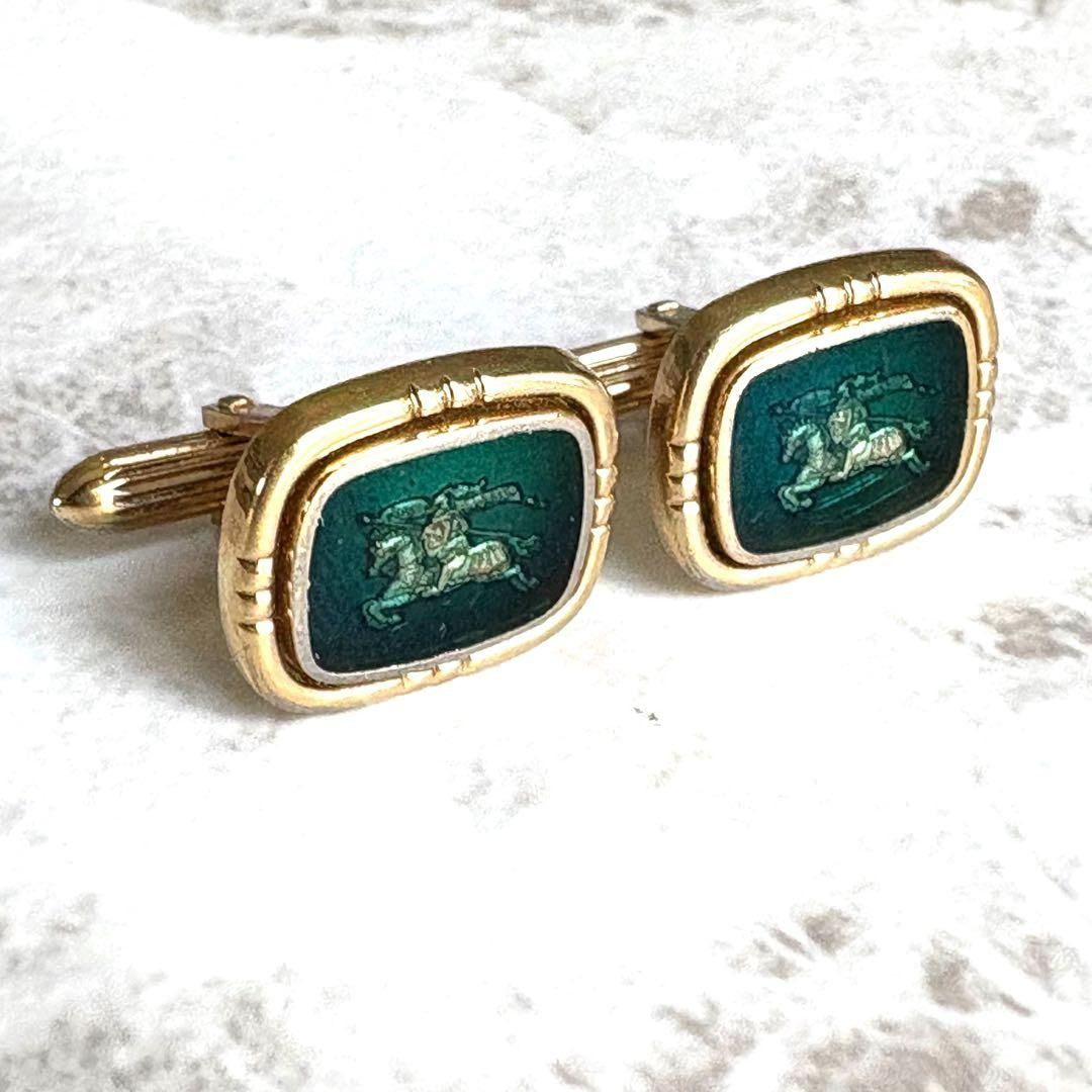 Burberrys Vtg Horse Logo Cufflinks Gold Green Shadow Knight 1.5x1.9 cm 0.6x0.7"