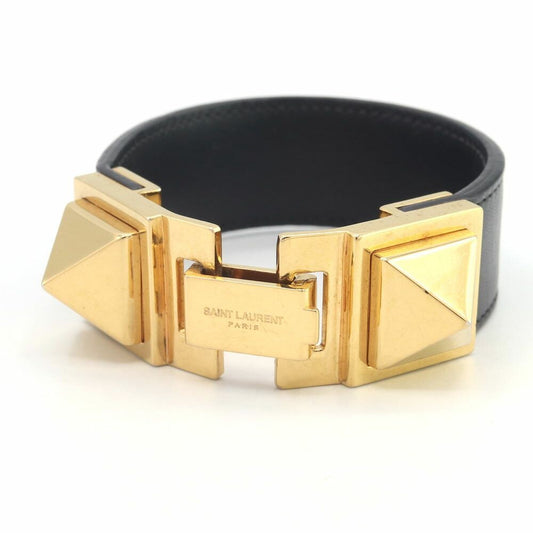 SAINT LAURENT YSL Gold Tone Studded Black Leather Bracelet Bangle L 15cm 5.9in