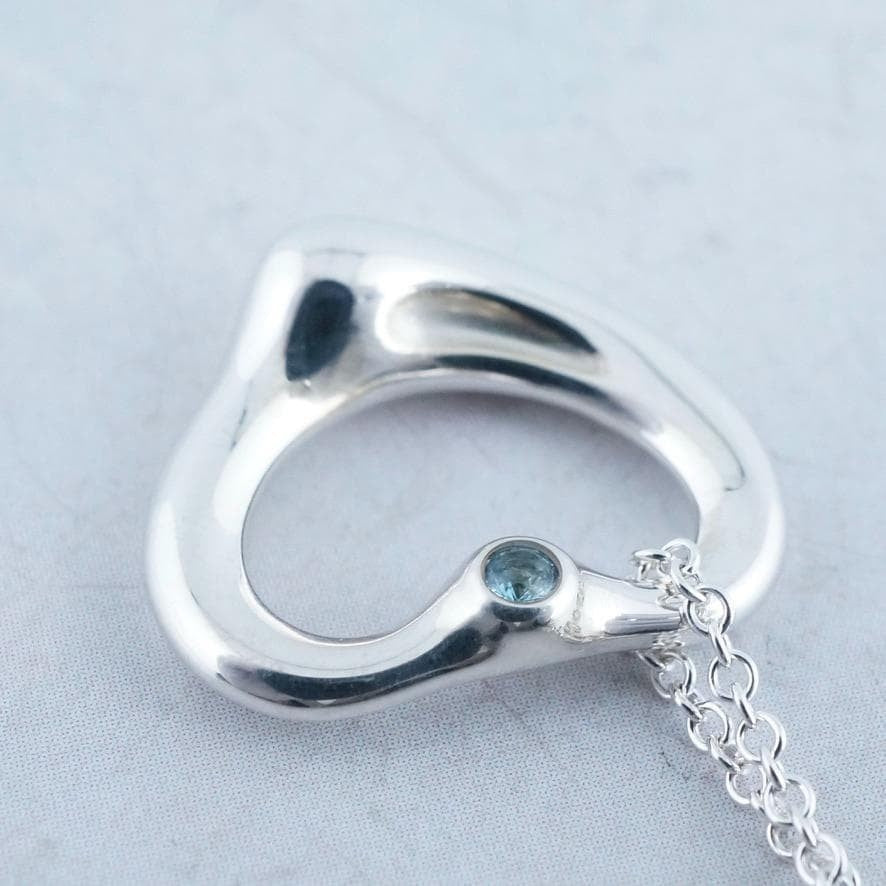 Excellent Tiffany & Co Aquamarine Silver 925 Open Heart Necklace Elsa Peretti