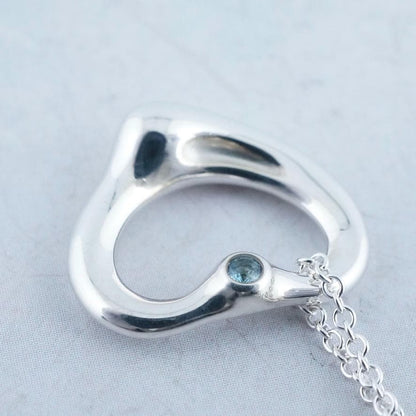 Excellent Tiffany & Co Aquamarine Silver 925 Open Heart Necklace Elsa Peretti