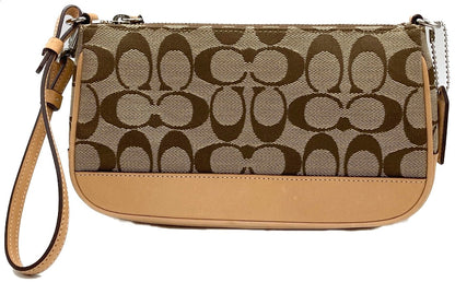 COACH Signature Jacquard Wristlet Pouch 6094 Khaki Beige Leather Trim Auth Used