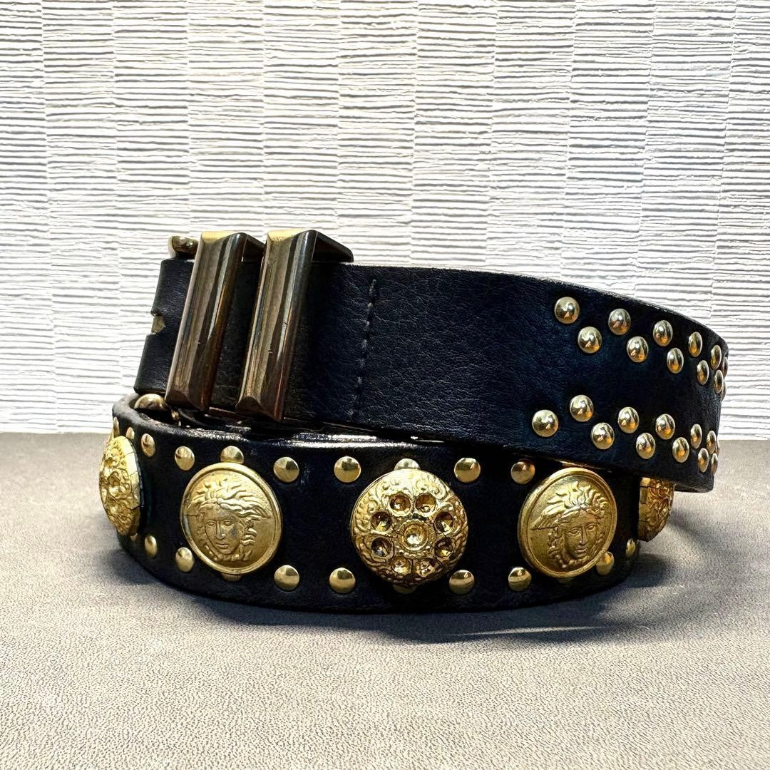 Versace Medusa Studded Black Leather Gold Hardware Belt Men L 80cm Vintage