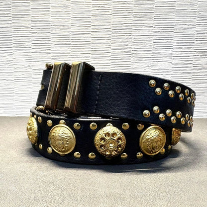 Versace Medusa Studded Black Leather Gold Hardware Belt Men L 80cm Vintage