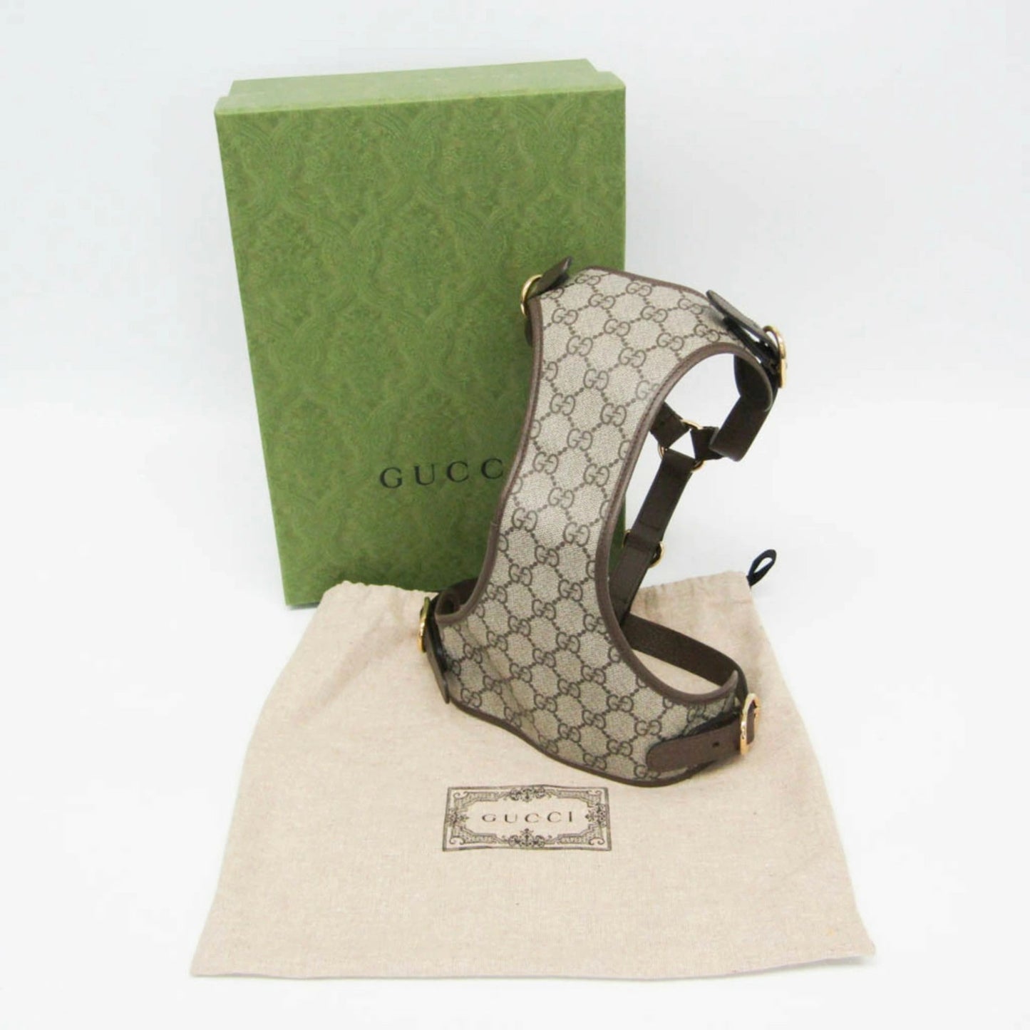 Gucci Auth GG Supreme 692964 Dog Harness PVC Leather Beige Dark Brown Used