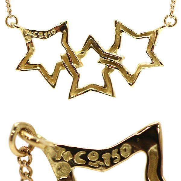 Excellent Tiffany & Co Yellow Gold 18K Triple Star Necklace L 46cm 18in Auth