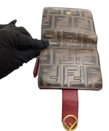 FENDI F is Fendi Zucca Bifold Wallet Brown Red Embossed Leather Gold Hardware